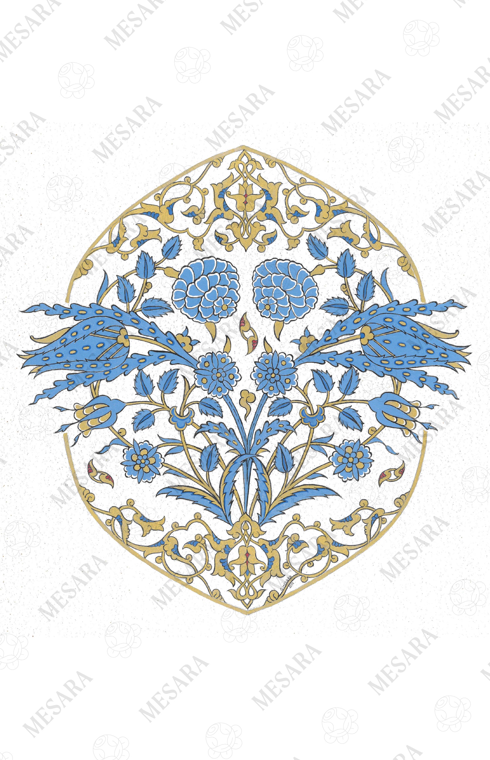 A Turkish tile design with tulips, rosed and traditional tezhip designs